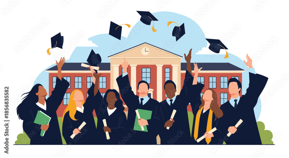 Obraz premium Happy and diverse group of graduates celebrating in front of a university building by throwing their graduation caps in the air.