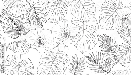 Black and white botanical illustration featuring intricate line art of tropical plants, including orchids and monstera leaves