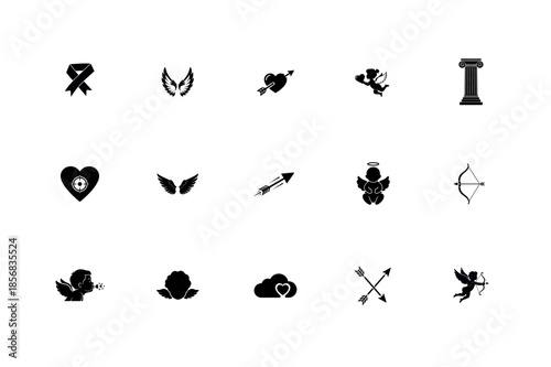 Valentine Day Cupid and Angel Vector Icons with Bow, Arrow, and Love Symbols