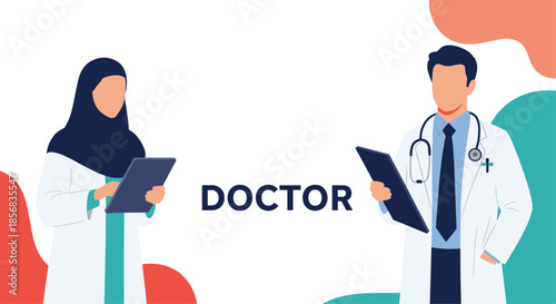 Professional male doctor and a female Muslim doctor in a hijab holding clipboards, with the word DOCTOR in a modern banner design.