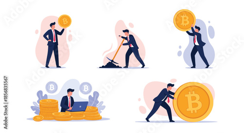 Set of illustrations showing a businessman in various stages of bitcoin mining, from digging to accumulating large piles of cryptocurrency.