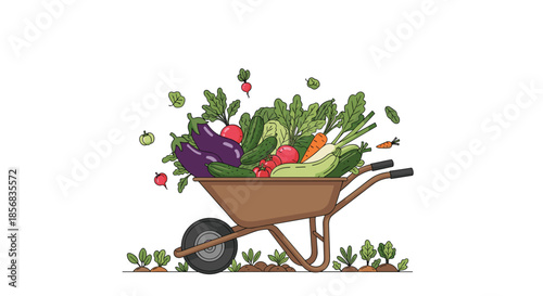 Wheelbarrow overflowing with a variety of fresh, colorful organic vegetables from a garden harvest, isolated on a white background.