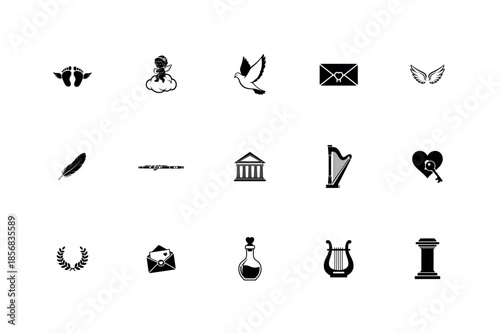 valentine day Symbols Greek Mythology and Love Symbols Vector Set including Harp, Lyre, Dove, and Temple