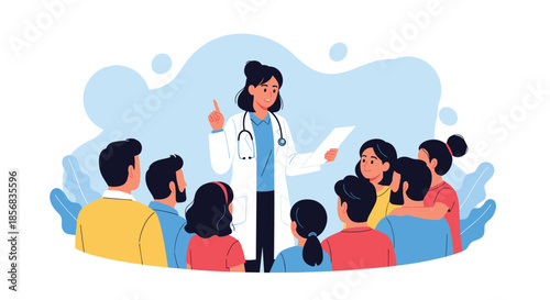 Female doctor in a white coat giving a presentation or a lecture to a diverse group of people who are listening attentively.
