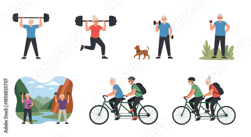 Collection of active senior citizens exercising, including lifting weights, running, cycling on a tandem bike, and hiking outdoors together.