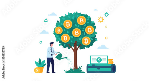 Businessman watering a money tree with bitcoin coins, symbolizing investment growth and profit in the volatile cryptocurrency market.