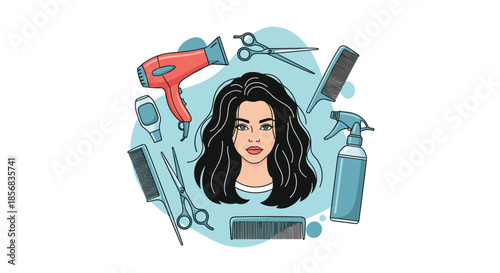 Beautiful woman's face surrounded by a collection of hairdressing tools including scissors, a comb, a hairdryer, and styling spray.