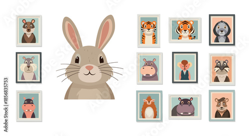 A cute rabbit character in the foreground with a collection of various animal portraits in frames on a gallery wall behind it.