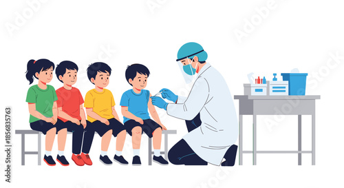 Male doctor in protective gear giving a vaccine injection to a young boy while other children wait in line for their turn.