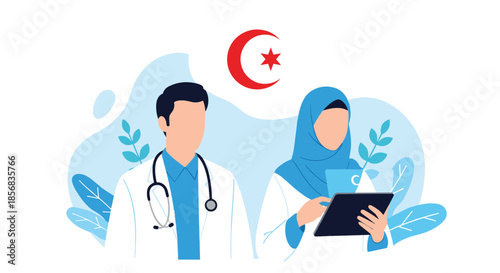 Male and female Muslim doctors in medical uniforms with a stethoscope, standing together under a crescent and star Islamic symbol.