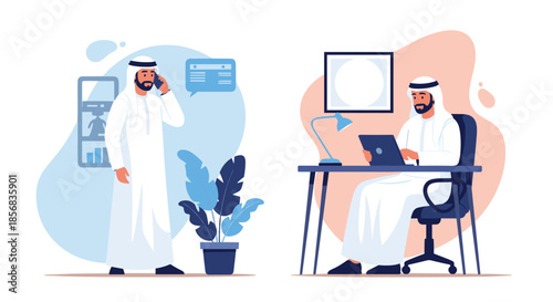 A set of illustrations showing a traditional Arab businessman in his office, one standing talking on the phone, the other working on a laptop.