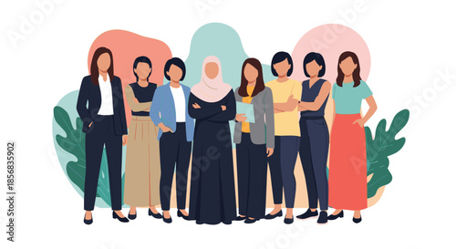 A strong and confident group of diverse business and professional women, including a Muslim woman in a hijab, standing together.