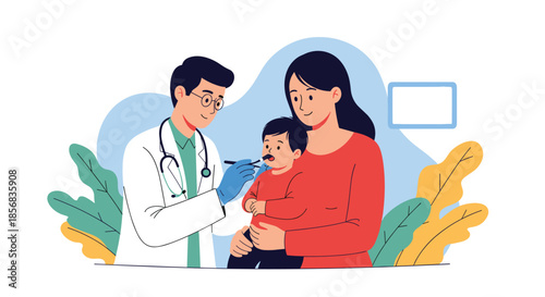 Male pediatrician using a tongue depressor to perform a medical check-up on a small child being held by its mother in a clinic.