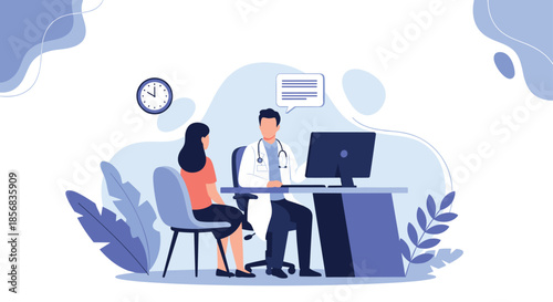 Male doctor sitting at his desk with a computer and consulting with a female patient in a modern and clean medical office interior.