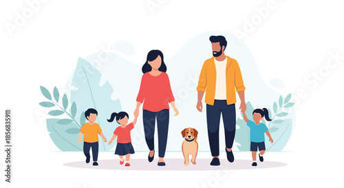 A happy family with a father, mother, three children, and their pet dog walking together outdoors on a background with leaves.