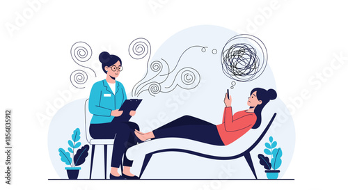 A woman with a smartphone addiction discusses her tangled thoughts and mental health with a psychologist during a therapy session.