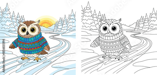 Cute owl wearing winter sweater sliding on frozen path, vector cartoon with black and white coloring book outline.