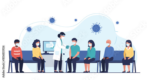 A diverse group of people wearing face masks are waiting in a clinic to receive the COVID-19 vaccine from a medical professional.