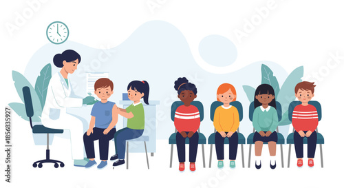 A group of multicultural children sitting in a clinic waiting room while a female doctor gives a vaccine to one of the boys.