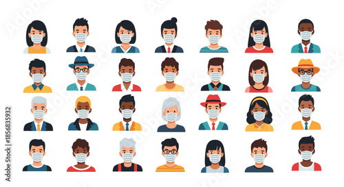 A large and diverse collection of avatar icons of people of different ages, ethnicities, and professions, all wearing face masks.