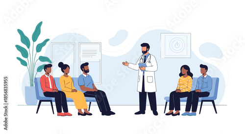 Friendly male doctor in a white coat speaking to a diverse group of patients sitting in a modern hospital waiting room.