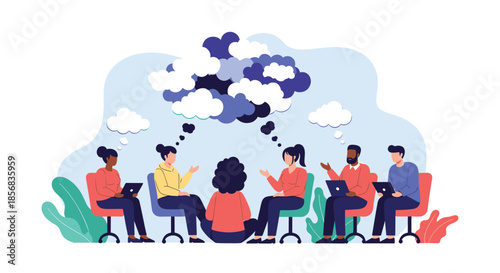 Diverse group of people in a circle participating in a group therapy session or a collaborative brainstorming meeting with shared thought clouds.