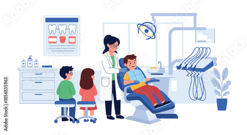 A friendly female dentist in a modern clinic office, with a young boy in the chair and two other children waiting their turn.
