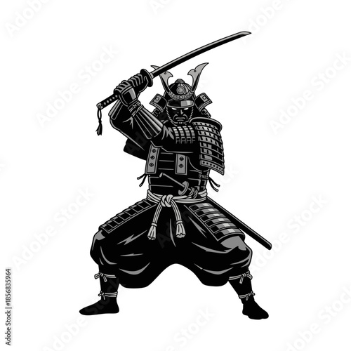 Japanese Samurai Warrior in Traditional Armor with Katana Sword Illustration