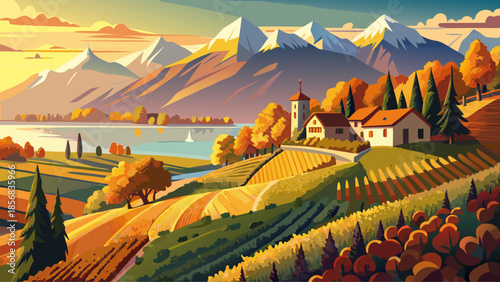 Very beautiful autumn view of Lavaux vineyards cascading toward Lake Geneva, with golden grape rows, rolling hills, and warm seasonal colors under soft alpine light.