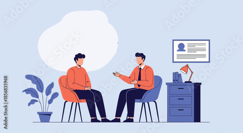 Human resources manager conducting a job interview with a male candidate in a modern office setting with a resume on the wall.