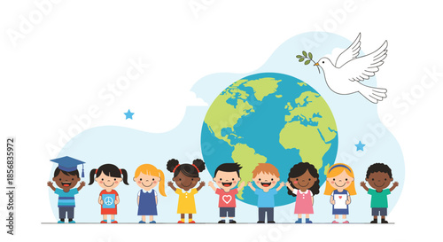 Diverse group of happy children standing together in front of the globe with a peace dove, promoting world peace and unity.
