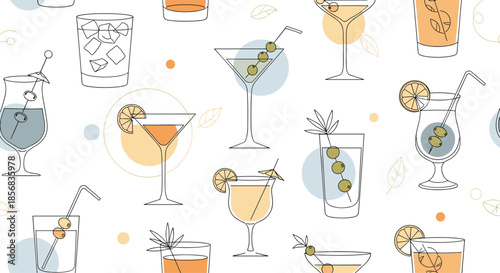 Seamless pattern of various summer cocktail glasses with olives, straws, and citrus slices in a modern line art style with colorful spots.