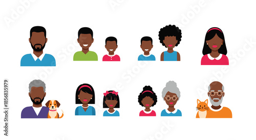 Collection of African American family member avatars, including parents, children, grandparents, and pets like a dog and cat.