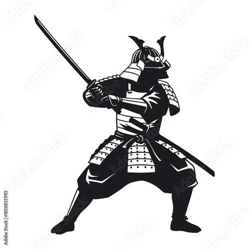 Japanese Samurai Warrior in Traditional Armor with Katana Sword Illustration