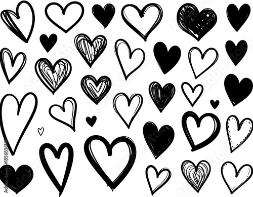 Black and white hand-drawn hearts of various sizes and styles, including solid, outlined, and scribbled. A symbol of love