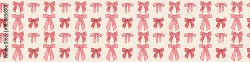 Valentine seamless bow pattern with hand-drawn pink ribbons on beige background, romantic repeating texture for wrapping paper, fabric, packaging, and stationery