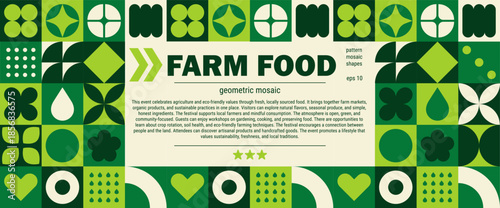 Eco green mosaic banner geometric farm and agriculture pattern for organic background.