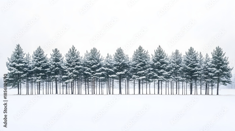 Fototapeta premium A Row Of Symmetric Evergreen Trees Covered In Heavy Snow