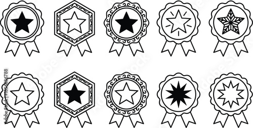 Award ribbon icons, achievement badges, star medals, vector design, recognition symbols, honor emblems, decorative elements, prize graphics, reward illustrations, excellence icons