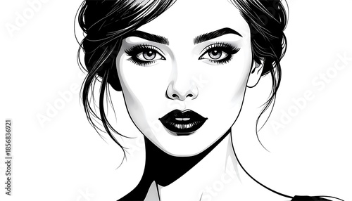 Black and white illustration of a woman's face, focused on her eyes and lips. Her hair is styled up and back