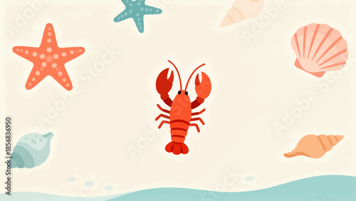 Cartoon lobster and sea shells