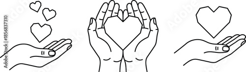 Hands holding heart line art illustration, love care, charity, support, donation, compassion, healthcare, protection, kindness, humanitarian, concept, minimal outline design