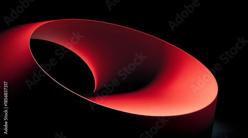 Abstract red ribbon swirling against a stark black background, artistic design.