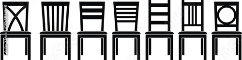 Modern chair silhouettes collection icon set, minimalist furniture designs, black wooden dining chair backrest styles illustration isolated white
