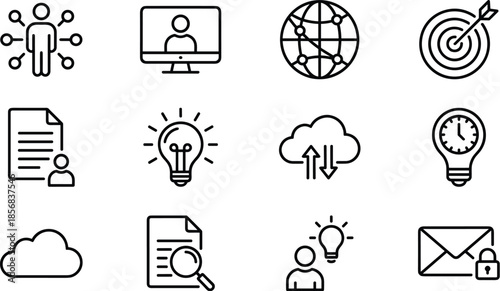 Technology, communication, innovation, cloud computing, global network, secure email, video conferencing, idea sharing, data transfer, document search, time management, user interface