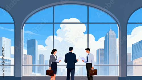 Business people in office with city view