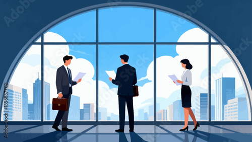 Business people in office with city view