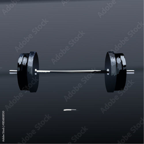 A Close Up Horizontal Studio Shot of a Barbell Weight Lifting Equipment on a Dark Gray Background with Subtle Lighting and Reflections Highlighting the Shiny Metal and Black Plates