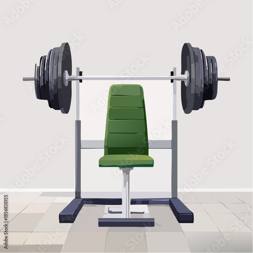 Green Padded Weight Bench with Heavy Barbell Loaded with Gray Metal Plates in a Well Lit Gym Setting With Tiled Floor and Light Gray Wall Background