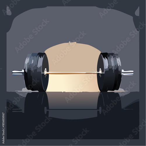 Gym Barbell With Weights Set Up In A Gym With Dramatic Lighting And Reflections On The Floor Showing A Conceptual Fitness And Strength Training Scene